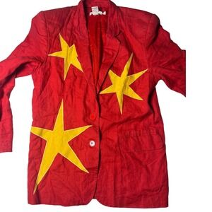 Vintage Ellen Osman Red Linen Star Applique Blazer Jacket Womens Medium